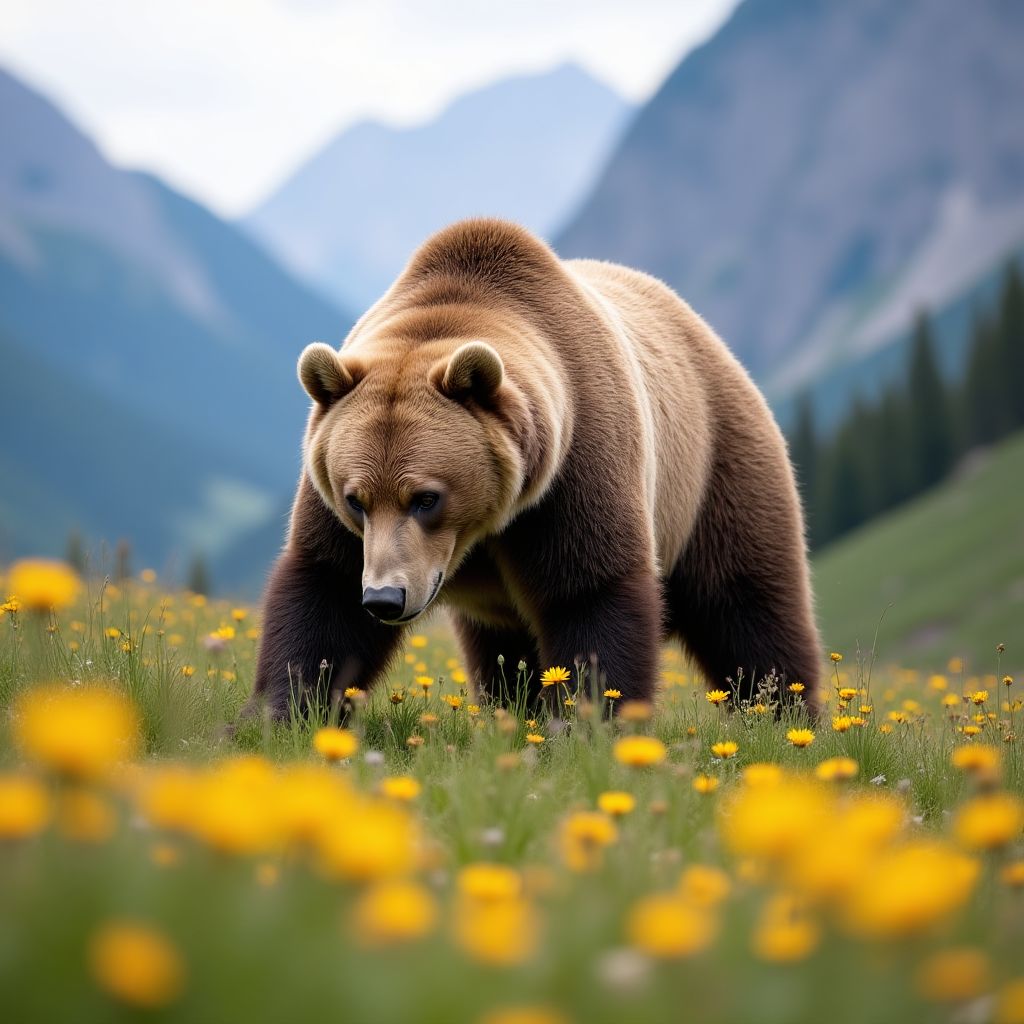 Grizzly bear foraging in alpine meadow