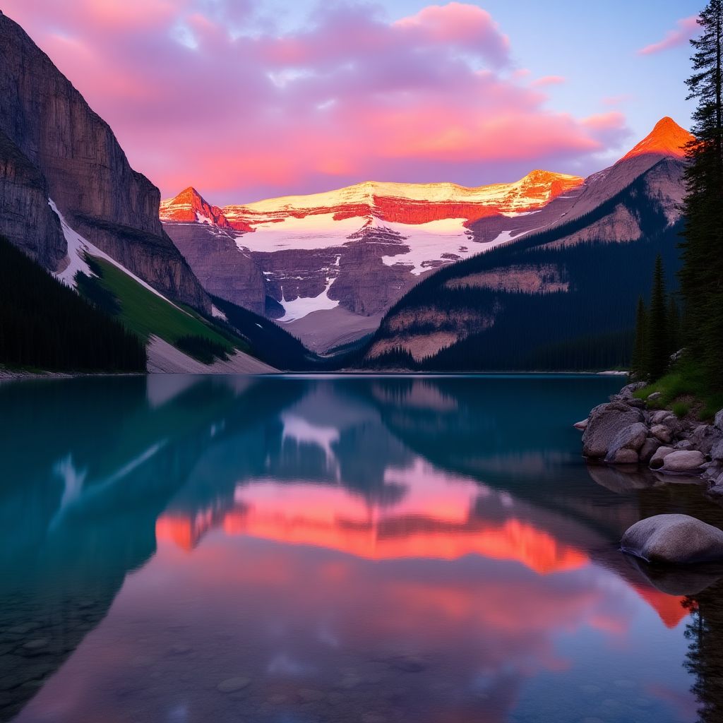 Moraine Lake sunrise with perfect reflection
